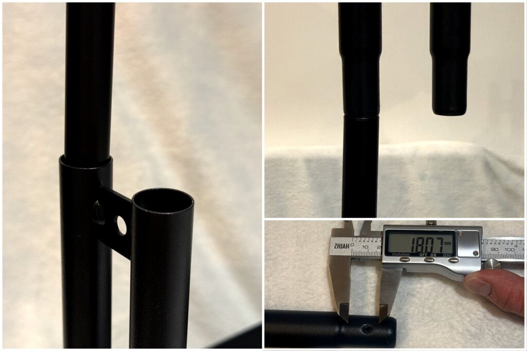 Collage showing the lower and upper RÅSKOG connection problems and a digital caliper measurement of an existing part.