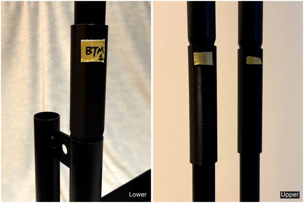 Comparison of the lower and upper RÅSKOG connections fitted with 3D-printed adapters.