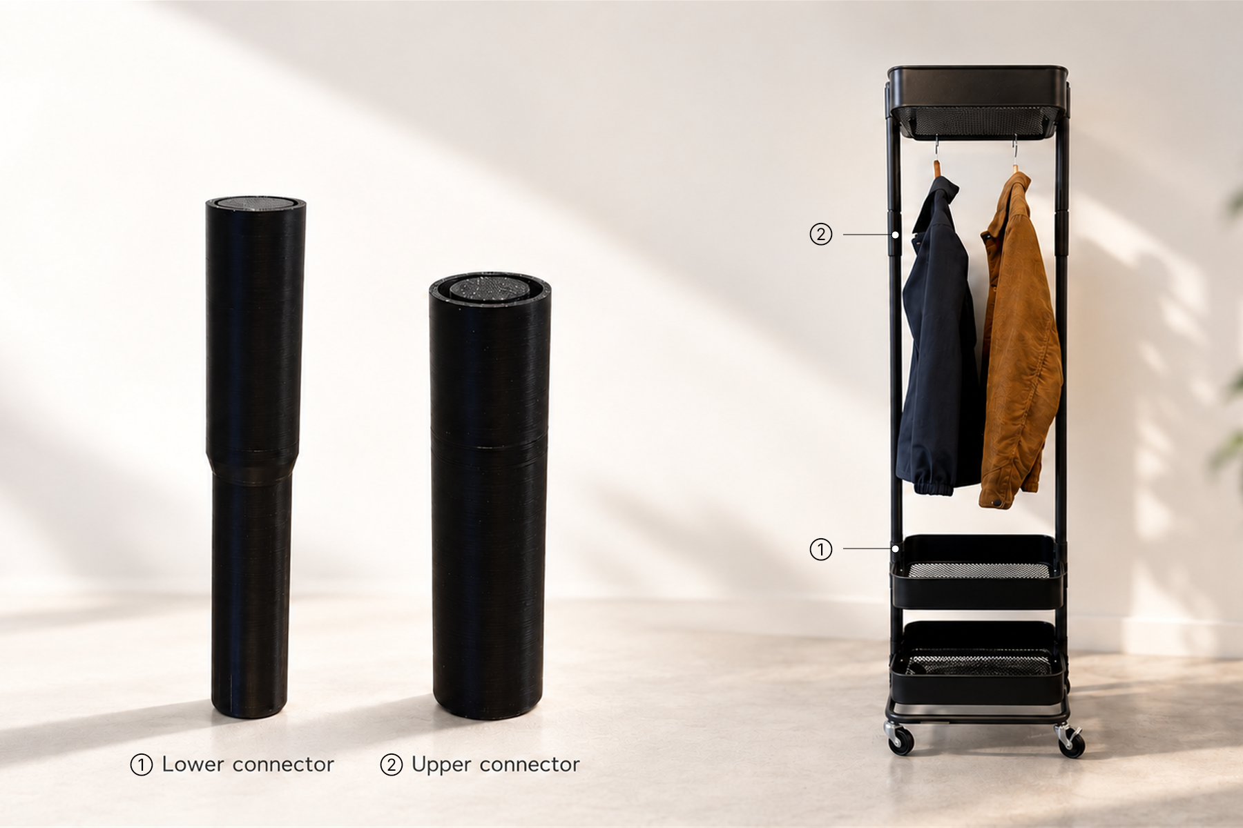 Customised lower and upper connectors shown beside a modified IKEA RÅSKOG mobile clothes rack.