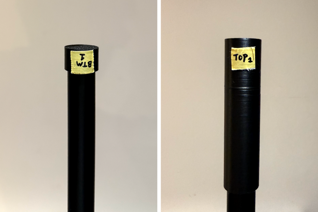 Small test cap used to check the upper fit, followed by the first upper adapter fitted to the measured aluminium tube.