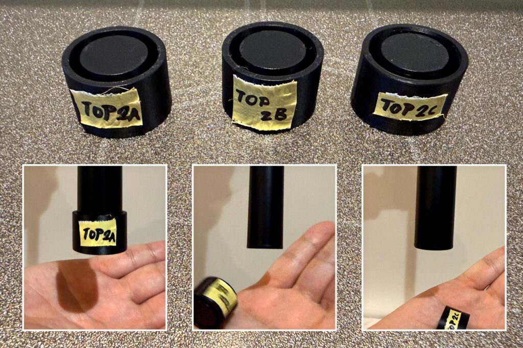 Three differently sized test caps compared on the aluminium tubes to identify a reliable fit.