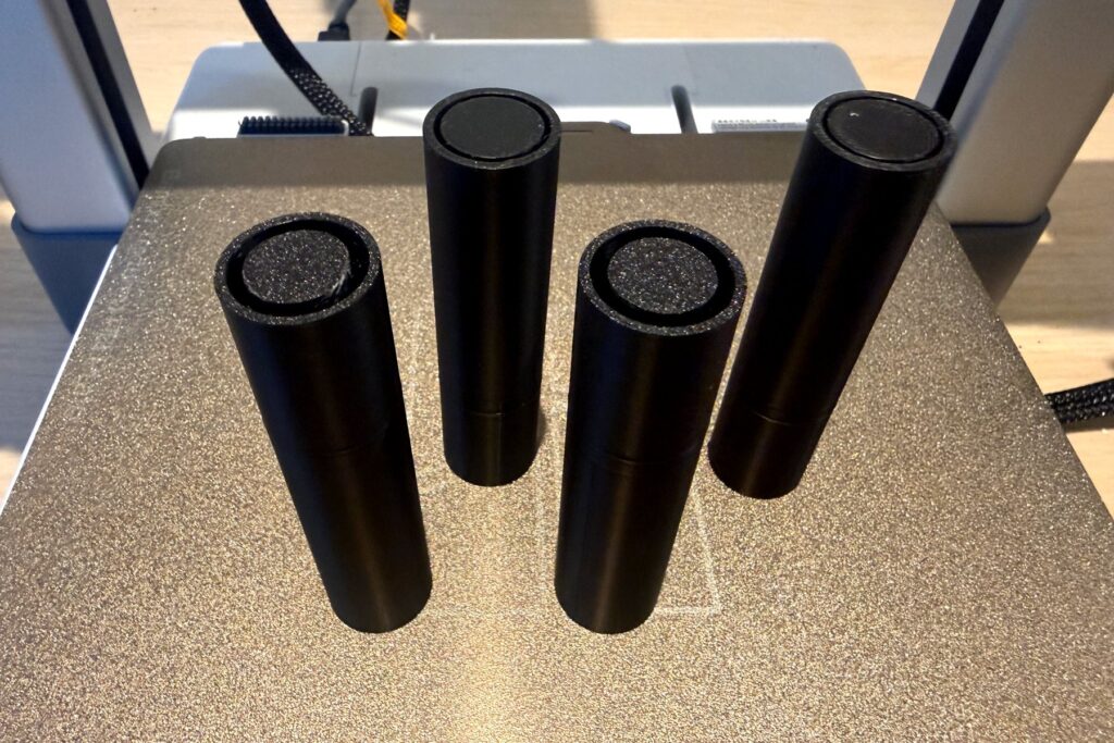 Four upper adapters produced after the first RÅSKOG fit test succeeded.