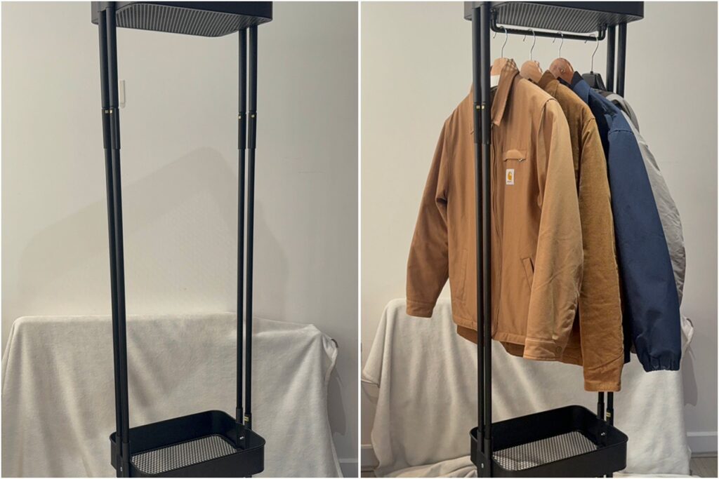 Completed RÅSKOG clothes rack shown after assembly and in use with clothing hanging from the top rail.